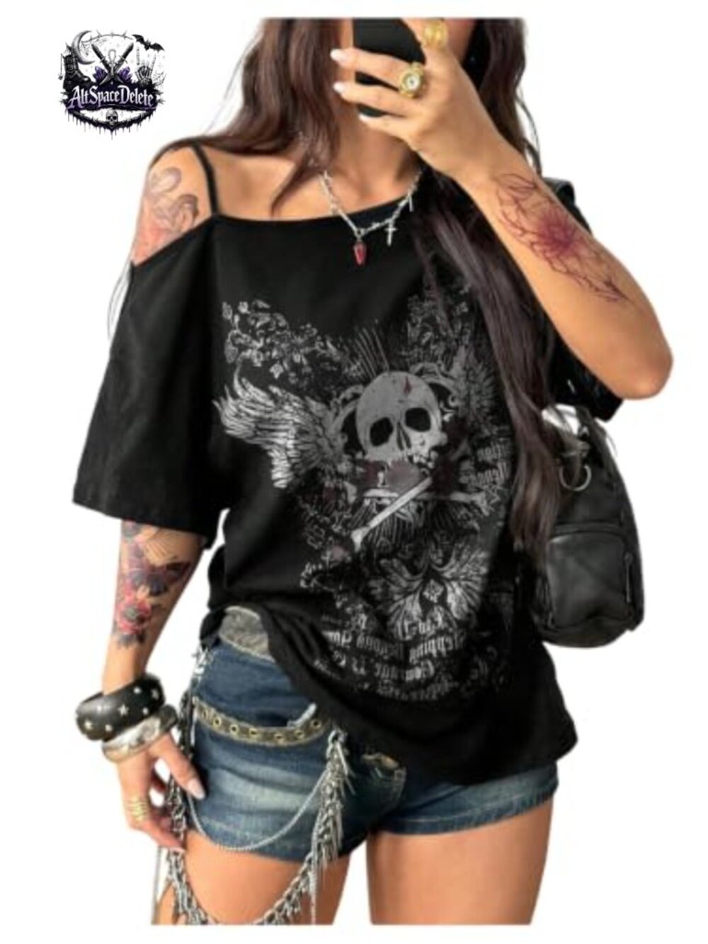 Gothic Skull Print Cold Shoulder Asymmetrical Neck Oversized Tee